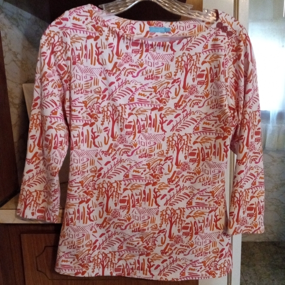 J. McLaughlin White Pink Orange Village Print Button Boatneck Top - XS - Picture 2 of 10